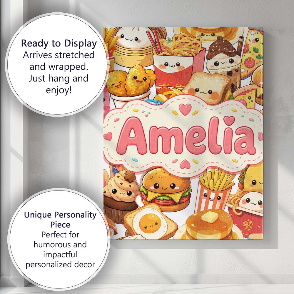 Personalised Name Kawaii Fast Food Collage Custom Unique Gift Idea Elegant Feature Canvas Wall Art Print Decor Picture Ready to Hang