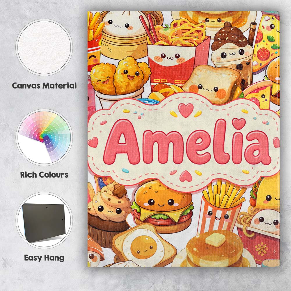 Personalised Name Kawaii Fast Food Collage Custom Unique Gift Idea Elegant Feature Canvas Wall Art Print Decor Picture Ready to Hang