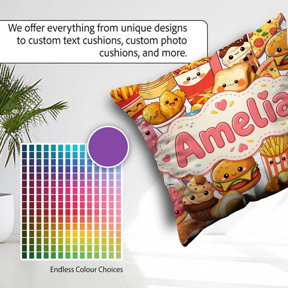 Custom Name Kawaii Fast Food Collage Burger Pizza Fries Seamless Square Filled Cushion Throw Pillow Sofa Bed Home Decor Zip Washable UK Made