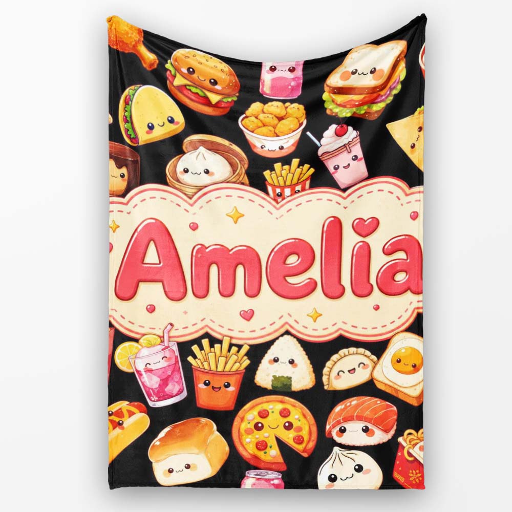 Kawaii Fast Food Burger Sushi Taco Pizza Black Seamless Pattern Personalised Custom Name Super Soft Fleece Blanket Bed Sofa Throw