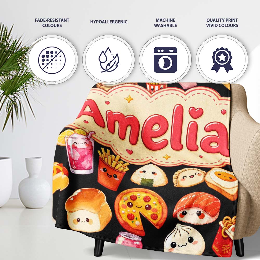 Kawaii Fast Food Burger Sushi Taco Pizza Black Seamless Pattern Personalised Custom Name Super Soft Fleece Blanket Bed Sofa Throw