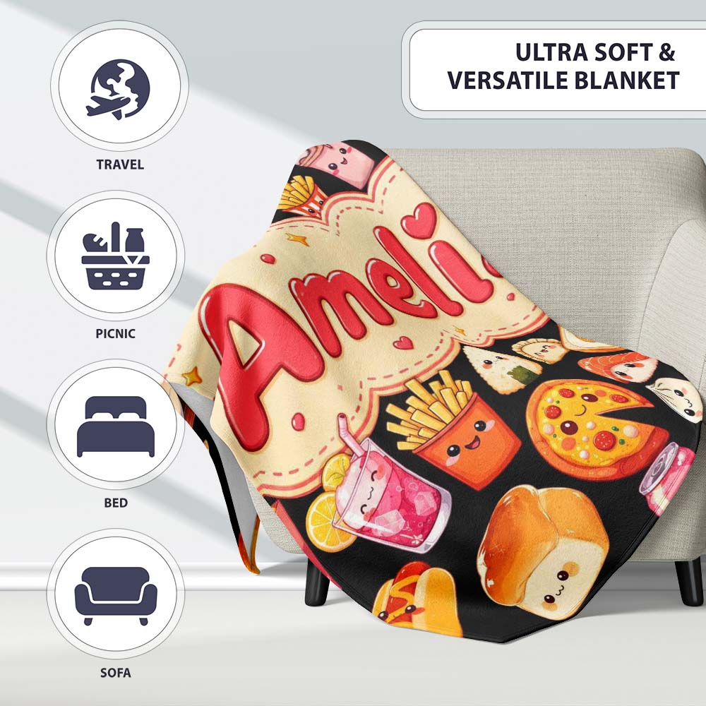 Kawaii Fast Food Burger Sushi Taco Pizza Black Seamless Pattern Personalised Custom Name Super Soft Fleece Blanket Bed Sofa Throw