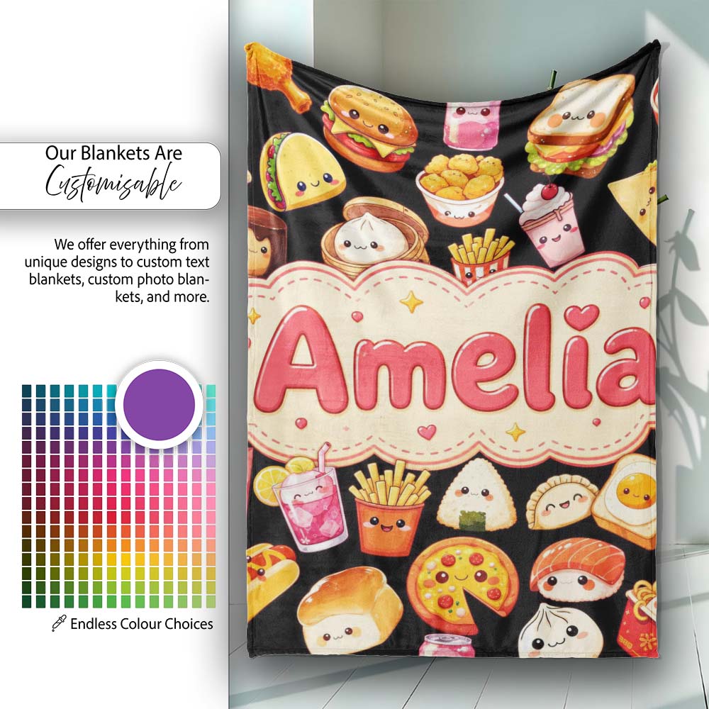 Kawaii Fast Food Burger Sushi Taco Pizza Black Seamless Pattern Personalised Custom Name Super Soft Fleece Blanket Bed Sofa Throw