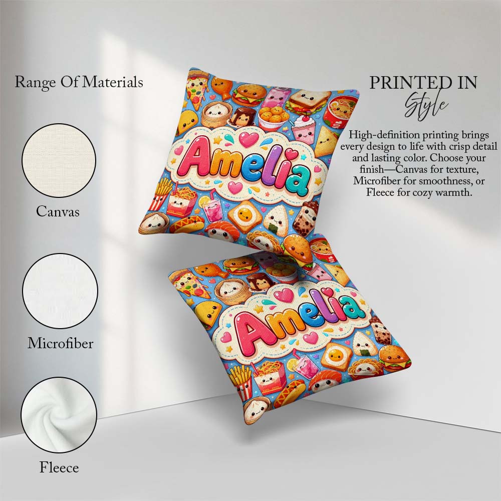 Custom Name Kawaii Fast Food Sushi Taco Pizza Blue Seamless Name Square Filled Cushion Throw Pillow Sofa Bed Home Decor Zip Washable UK Made