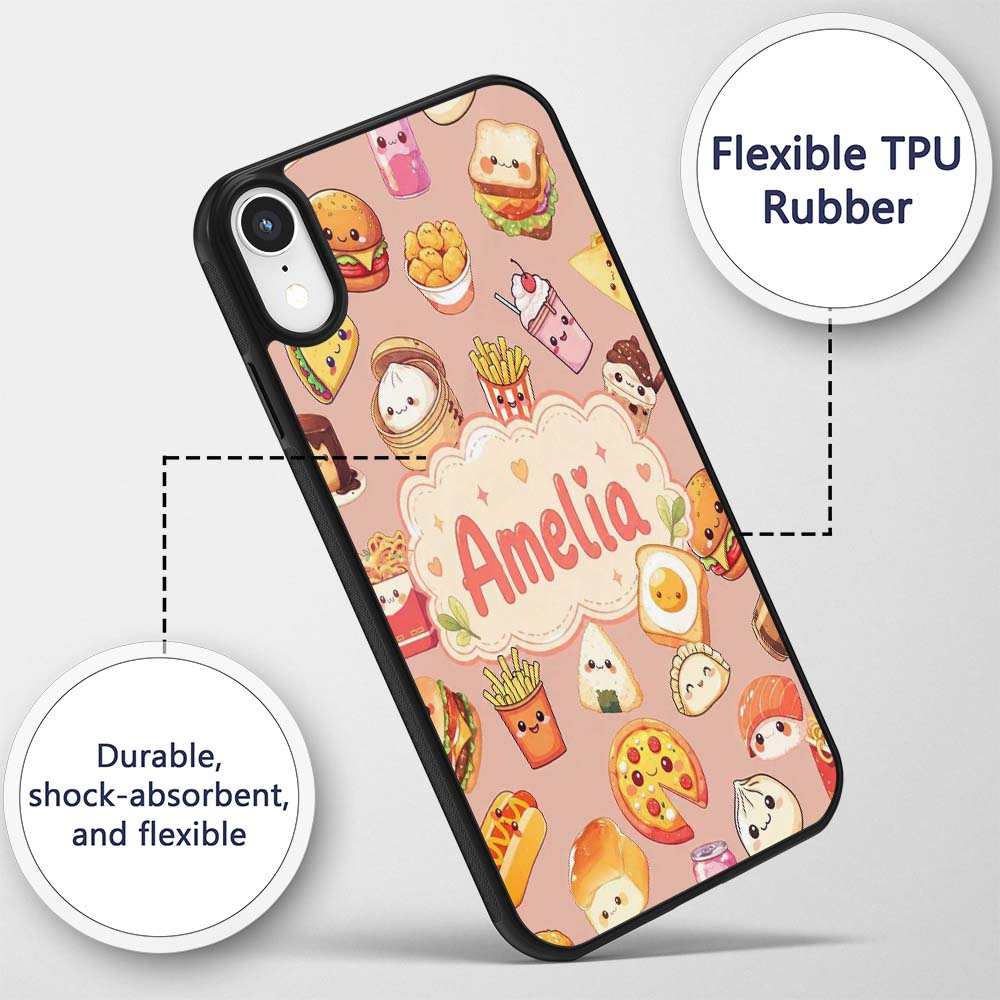 Kawaii Fast Food Burger Sushi Taco Pizza Beige Custom Name Protective Phone Case Mobile Cover Durable Everyday Smartphone Shock Resistant