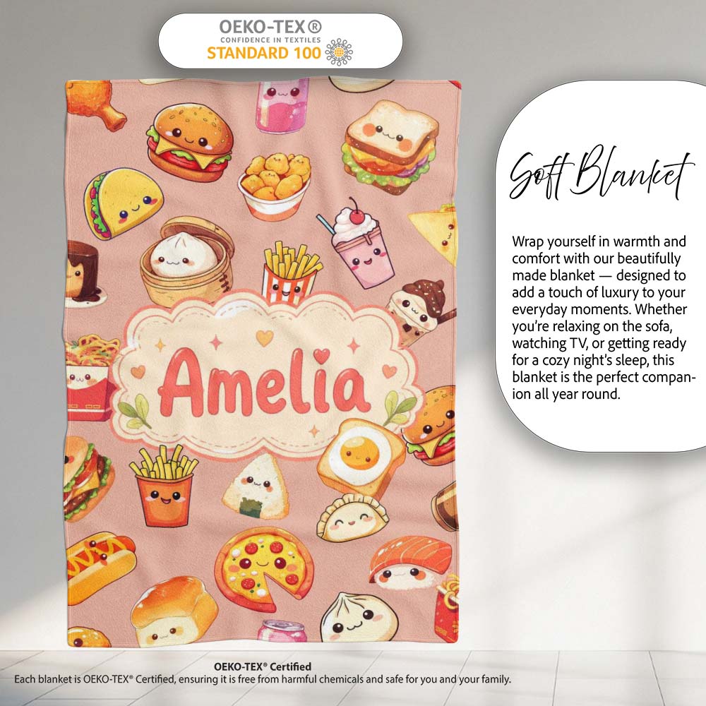Kawaii Fast Food Burger Sushi Taco Pizza Beige Seamless Pattern Personalised Custom Name Super Soft Fleece Blanket Bed Sofa Throw