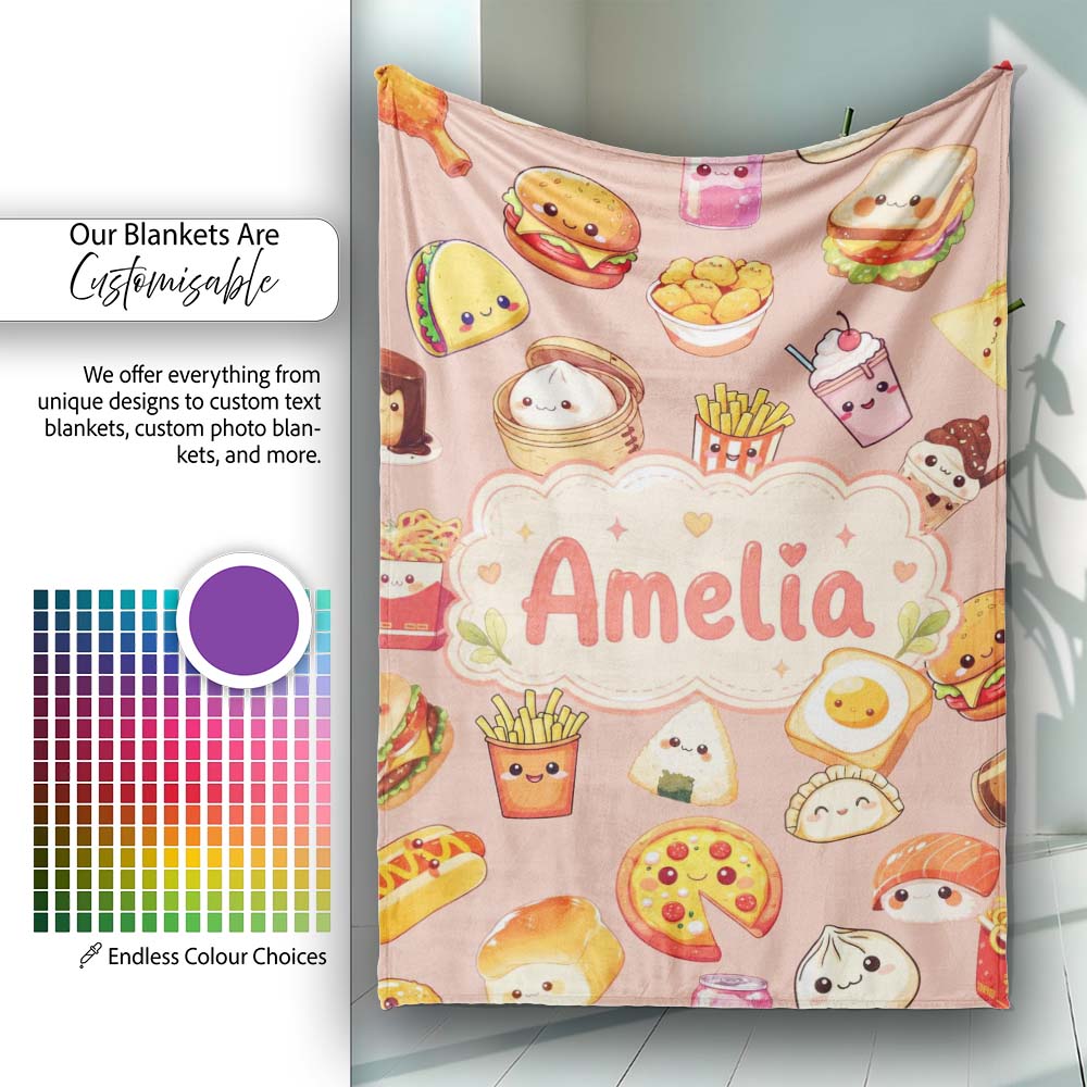 Kawaii Fast Food Burger Sushi Taco Pizza Beige Seamless Pattern Personalised Custom Name Super Soft Fleece Blanket Bed Sofa Throw