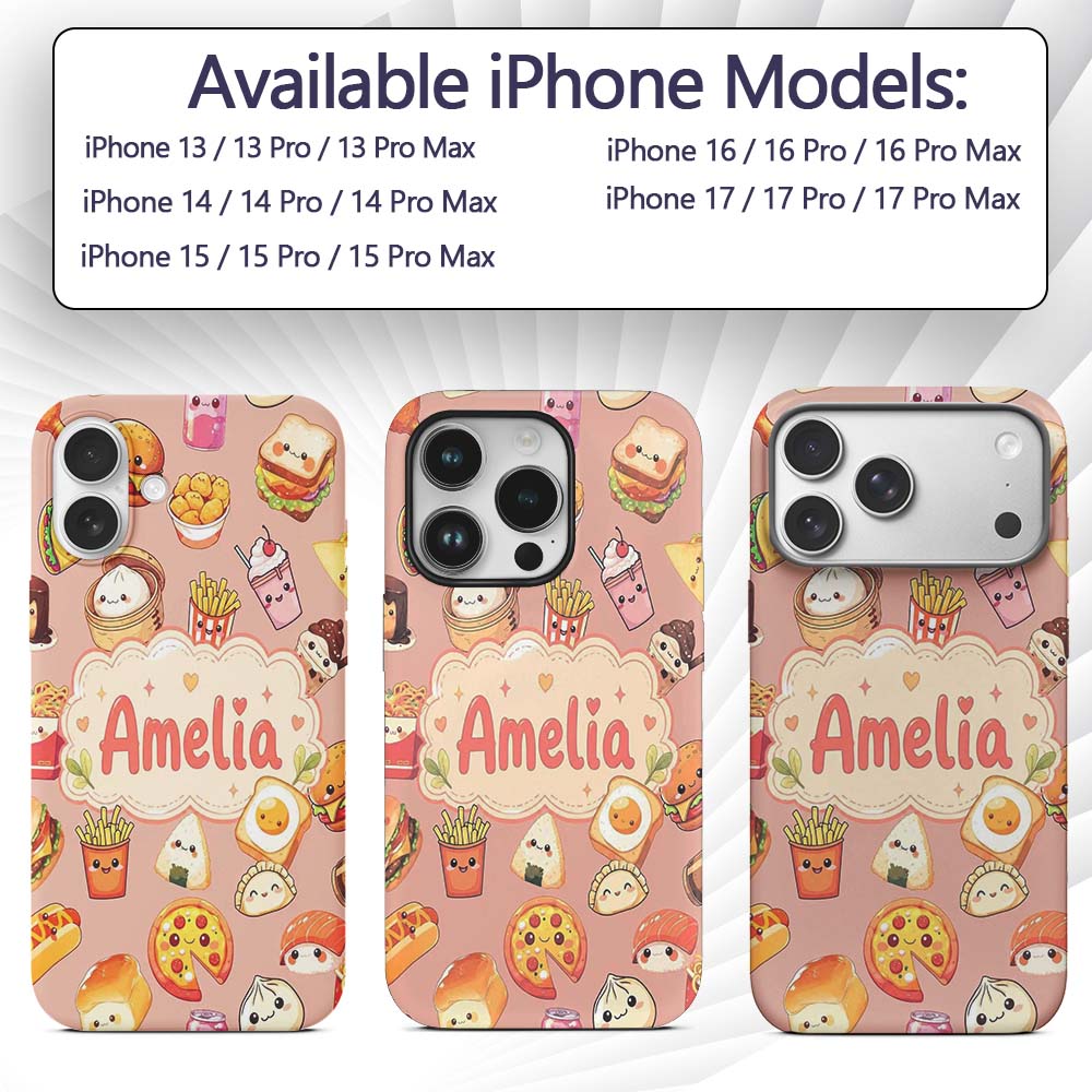 Kawaii Fast Food Burger Sushi Taco Pizza Beige Custom Name Protective Phone Case Mobile Cover Durable Everyday Smartphone Shock Resistant