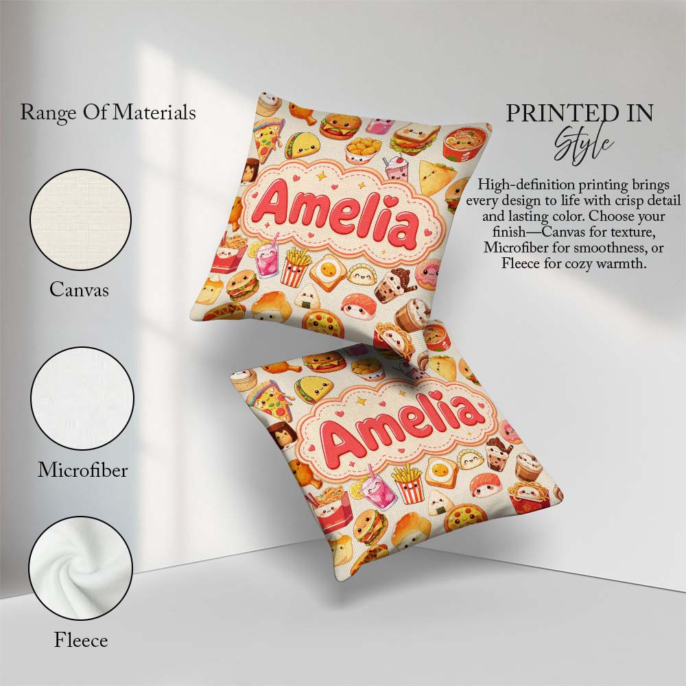 Custom Name Kawaii Fast Food Burger Sushi Pizza Seamless Pattern Square Filled Cushion Throw Pillow Sofa Bed Home Decor Zip Washable UK Made