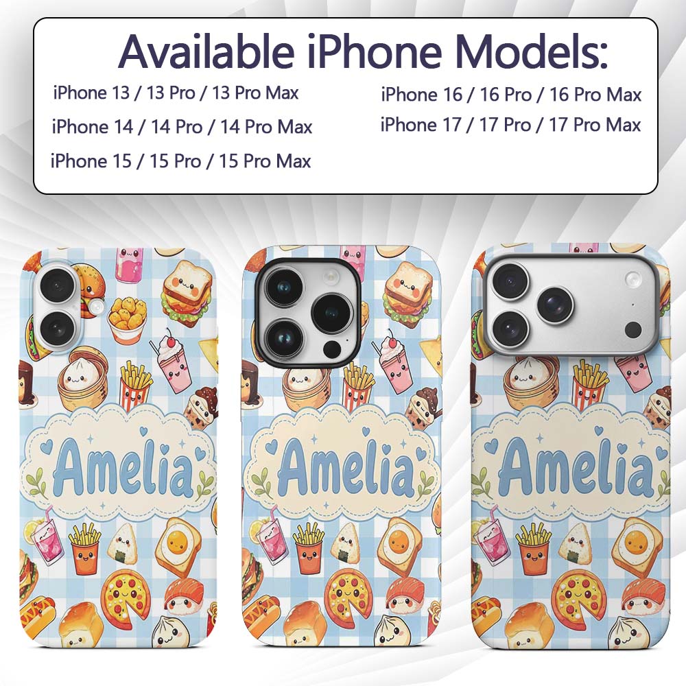 Kawaii Fast Food Burger Sushi Taco Pizza Blue Custom Name Protective Phone Case Mobile Cover Durable Everyday Smartphone Shock Resistant