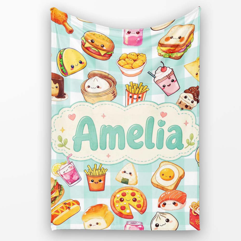 Kawaii Fast Food Burger Sushi Taco Pizza Mint Gingham Seamless Personalised Custom Name Super Soft Fleece Blanket Bed Sofa Throw