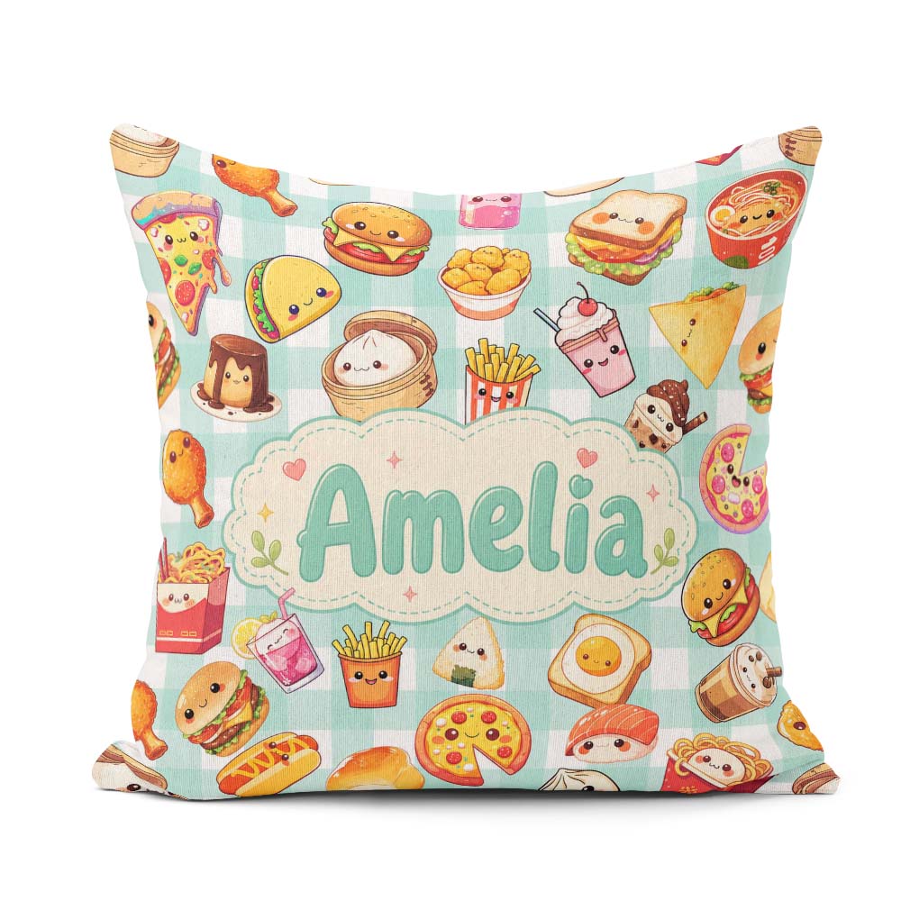 Custom Name Kawaii Fast Food Burger Sushi Pizza Gingham Seamless Square Filled Cushion Throw Pillow Sofa Bed Home Decor Zip Washable UK Made