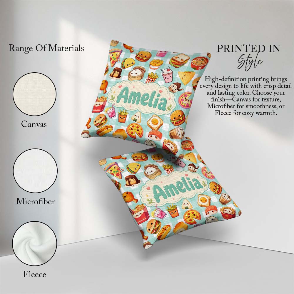 Custom Name Kawaii Fast Food Burger Sushi Pizza Gingham Seamless Square Filled Cushion Throw Pillow Sofa Bed Home Decor Zip Washable UK Made