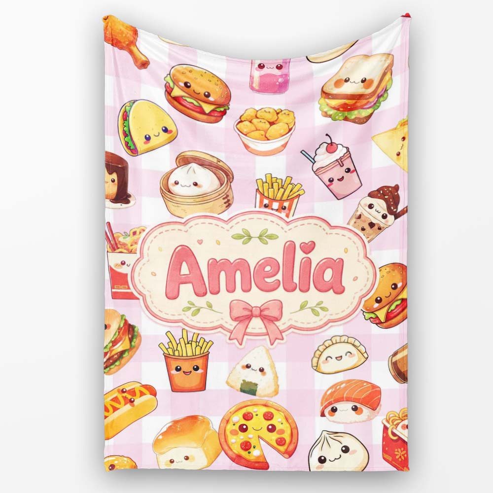 Kawaii Fast Food Burger Sushi Taco Pizza Pink Gingham Seamless Personalised Custom Name Super Soft Fleece Blanket Bed Sofa Throw