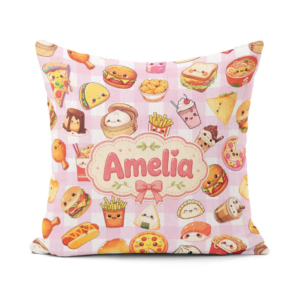 Custom Name Kawaii Fast Food Burger Sushi Pizza Gingham Seamless Square Filled Cushion Throw Pillow Sofa Bed Home Decor Zip Washable UK Made