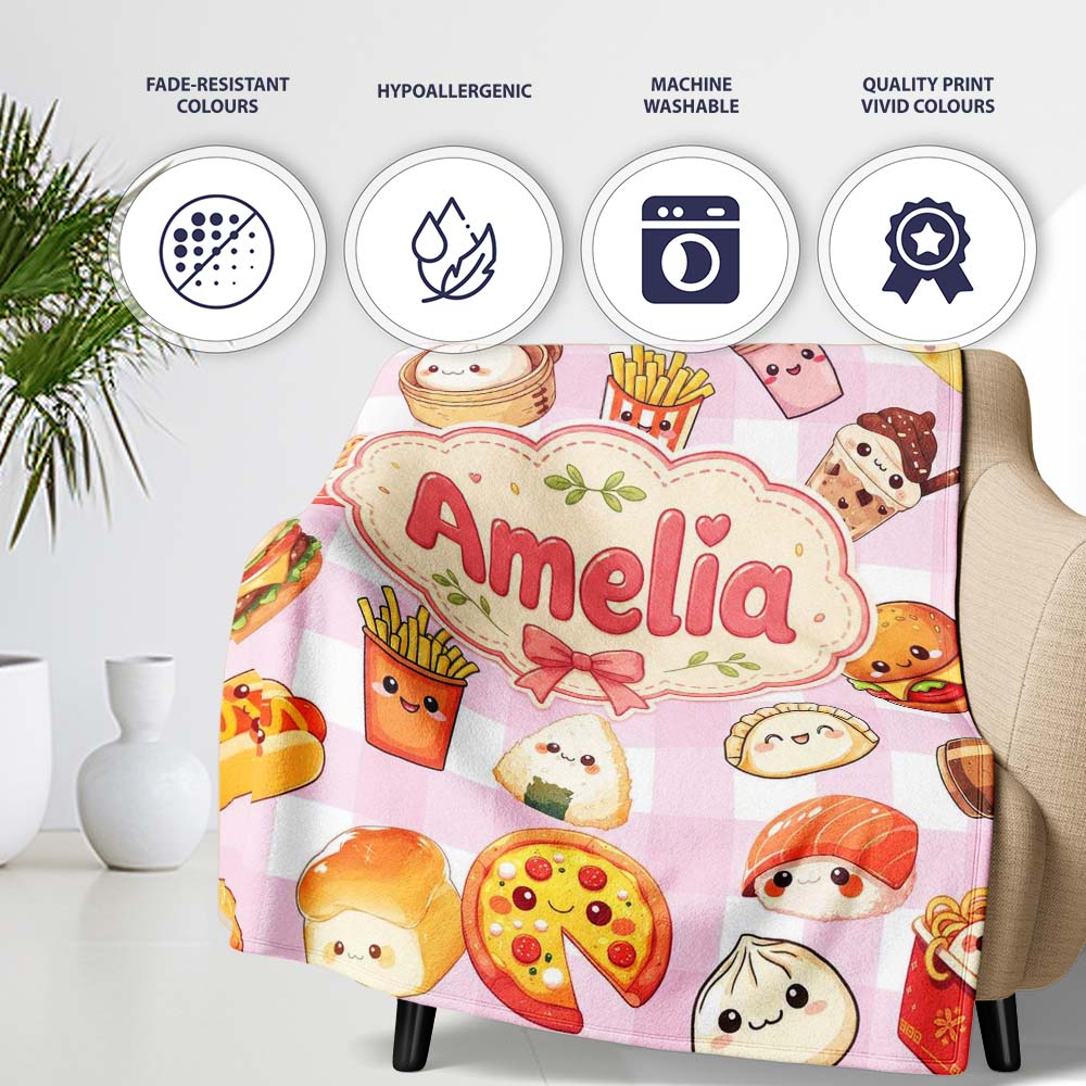 Kawaii Fast Food Burger Sushi Taco Pizza Pink Gingham Seamless Personalised Custom Name Super Soft Fleece Blanket Bed Sofa Throw