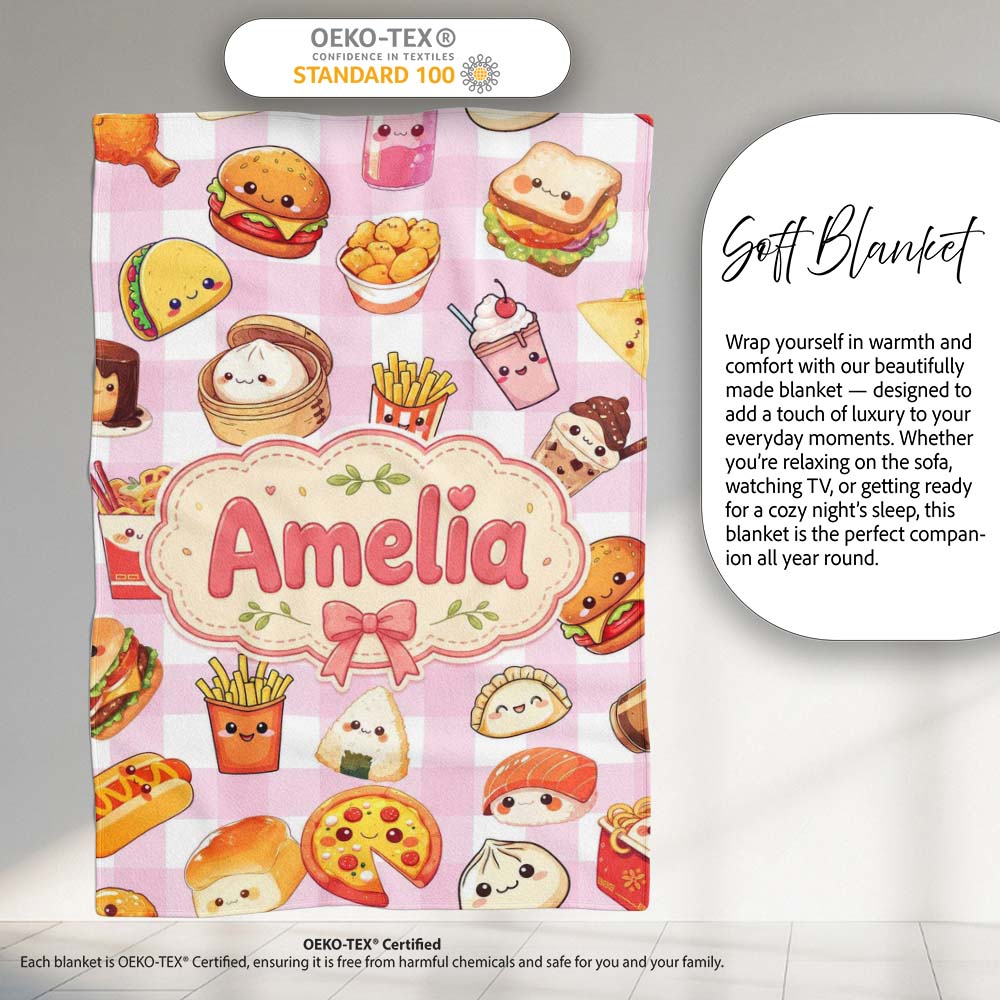 Kawaii Fast Food Burger Sushi Taco Pizza Pink Gingham Seamless Personalised Custom Name Super Soft Fleece Blanket Bed Sofa Throw