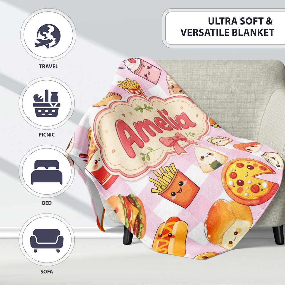 Kawaii Fast Food Burger Sushi Taco Pizza Pink Gingham Seamless Personalised Custom Name Super Soft Fleece Blanket Bed Sofa Throw