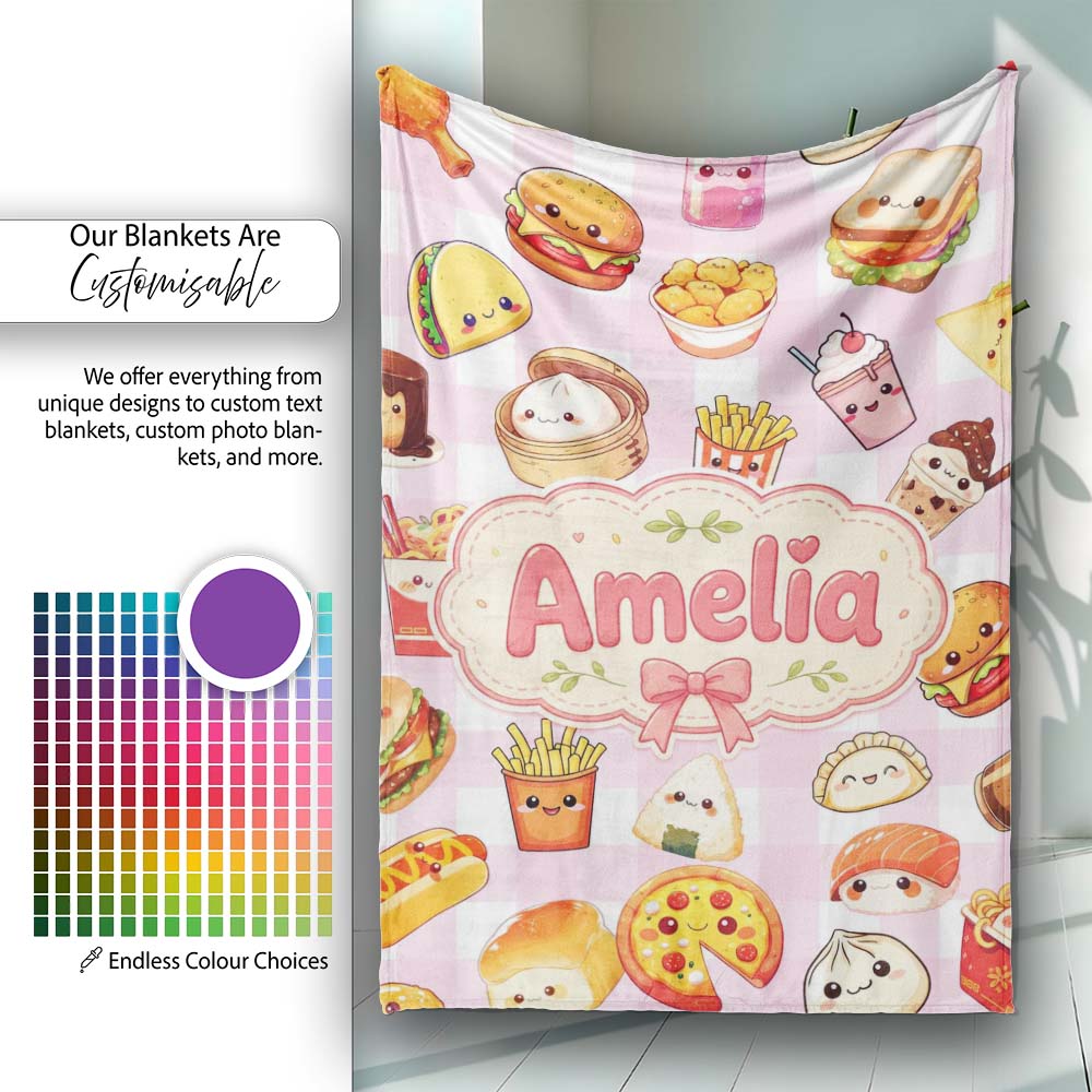 Kawaii Fast Food Burger Sushi Taco Pizza Pink Gingham Seamless Personalised Custom Name Super Soft Fleece Blanket Bed Sofa Throw