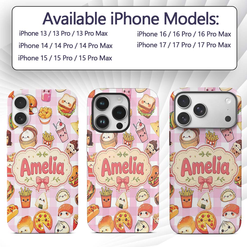 Kawaii Fast Food Burger Sushi Taco Pizza Pink Custom Name Protective Phone Case Mobile Cover Durable Everyday Smartphone Shock Resistant