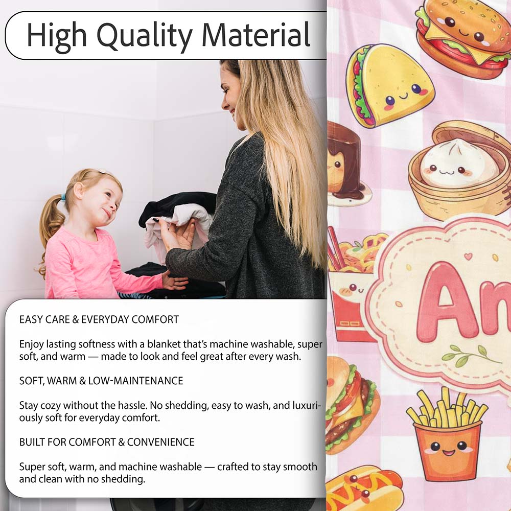 Kawaii Fast Food Burger Sushi Taco Pizza Pink Gingham Seamless Personalised Custom Name Super Soft Fleece Blanket Bed Sofa Throw