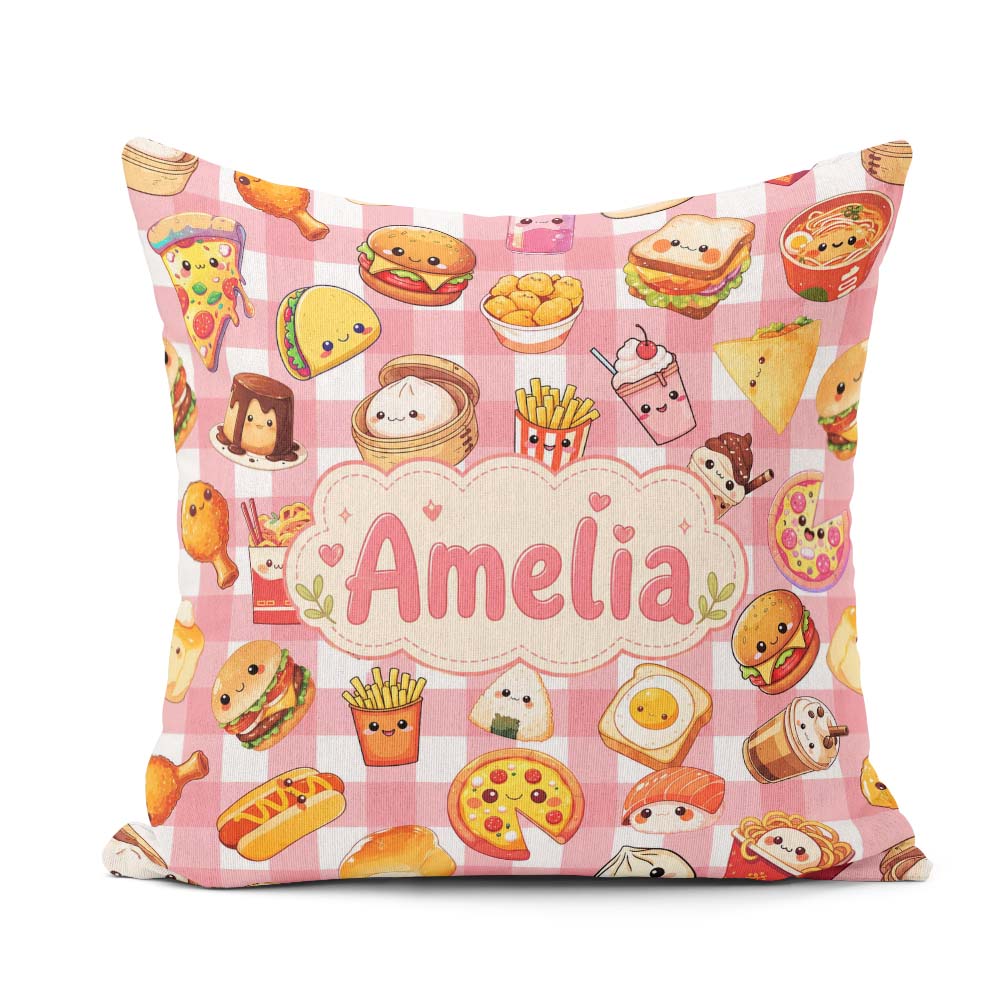 Custom Name Kawaii Fast Food Burger Sushi Taco Pizza Red Gingham Square Filled Cushion Throw Pillow Sofa Bed Home Decor Zip Washable UK Made