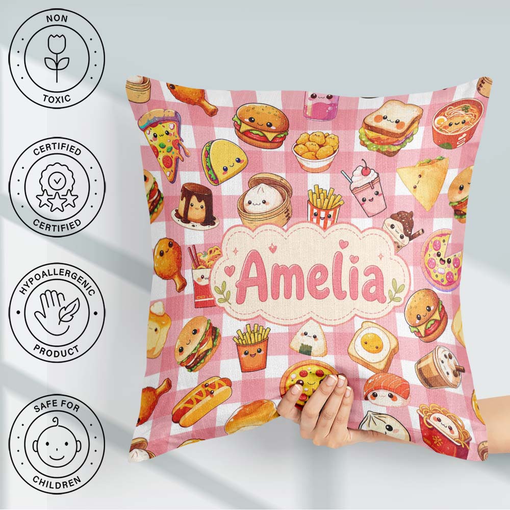 Custom Name Kawaii Fast Food Burger Sushi Taco Pizza Red Gingham Square Filled Cushion Throw Pillow Sofa Bed Home Decor Zip Washable UK Made