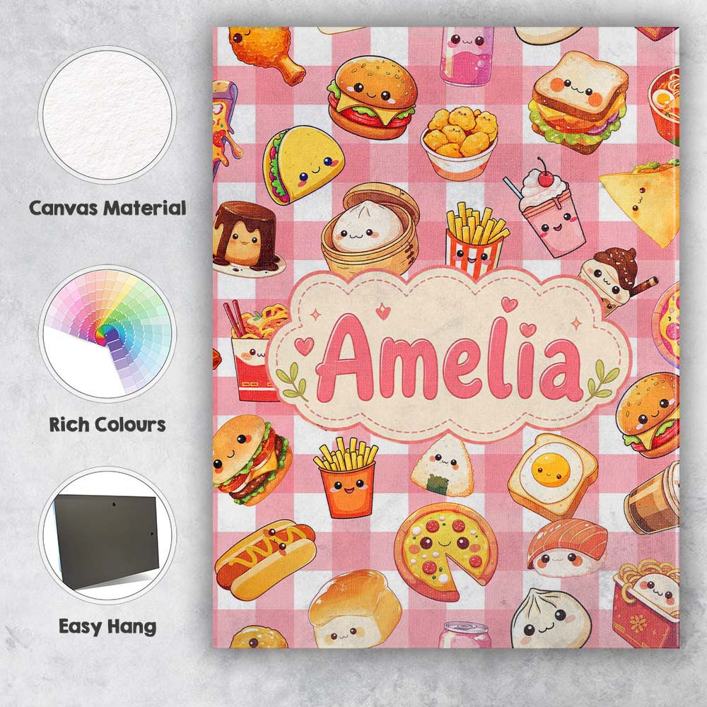 Personalised Name Kawaii Fast Food Burger Custom Unique Gift Idea Elegant Feature Canvas Wall Art Print Decor Picture Ready to Hang