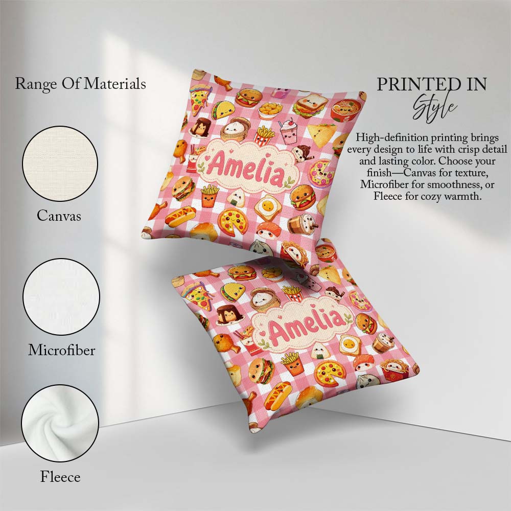 Custom Name Kawaii Fast Food Burger Sushi Taco Pizza Red Gingham Square Filled Cushion Throw Pillow Sofa Bed Home Decor Zip Washable UK Made