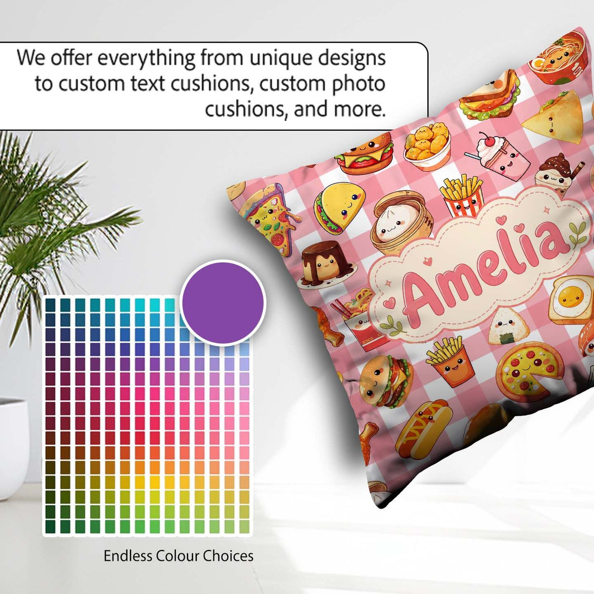 Custom Name Kawaii Fast Food Burger Sushi Taco Pizza Red Gingham Square Filled Cushion Throw Pillow Sofa Bed Home Decor Zip Washable UK Made