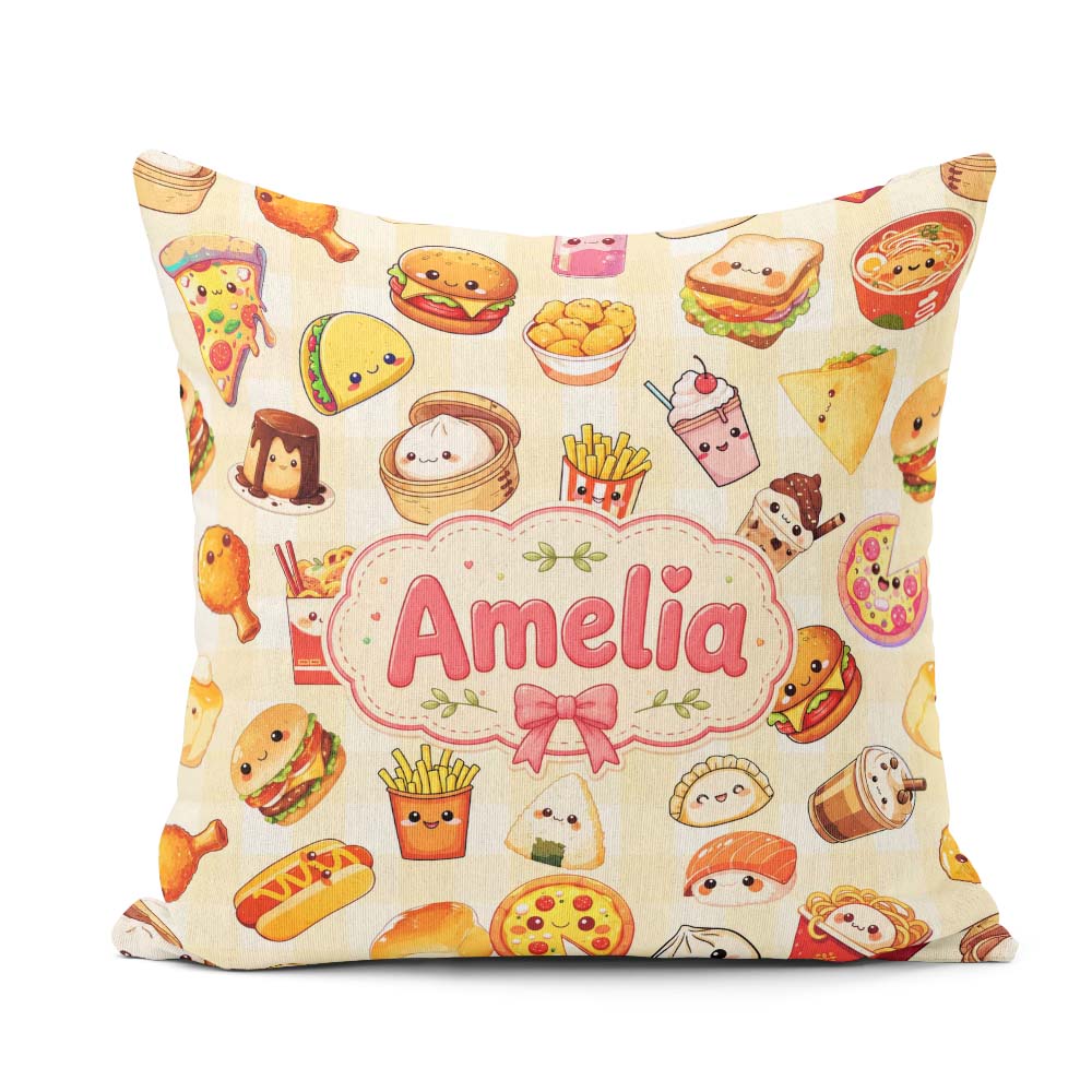 Custom Name Kawaii Fast Food Burger Sushi Pizza Gingham Seamless Square Filled Cushion Throw Pillow Sofa Bed Home Decor Zip Washable UK Made