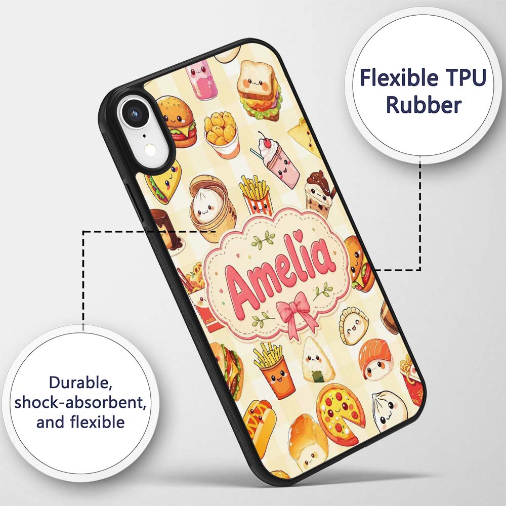Kawaii Fast Food Burger Sushi Taco Pizza Yellow Custom Name Protective Phone Case Mobile Cover Durable Everyday Smartphone Shock Resistant