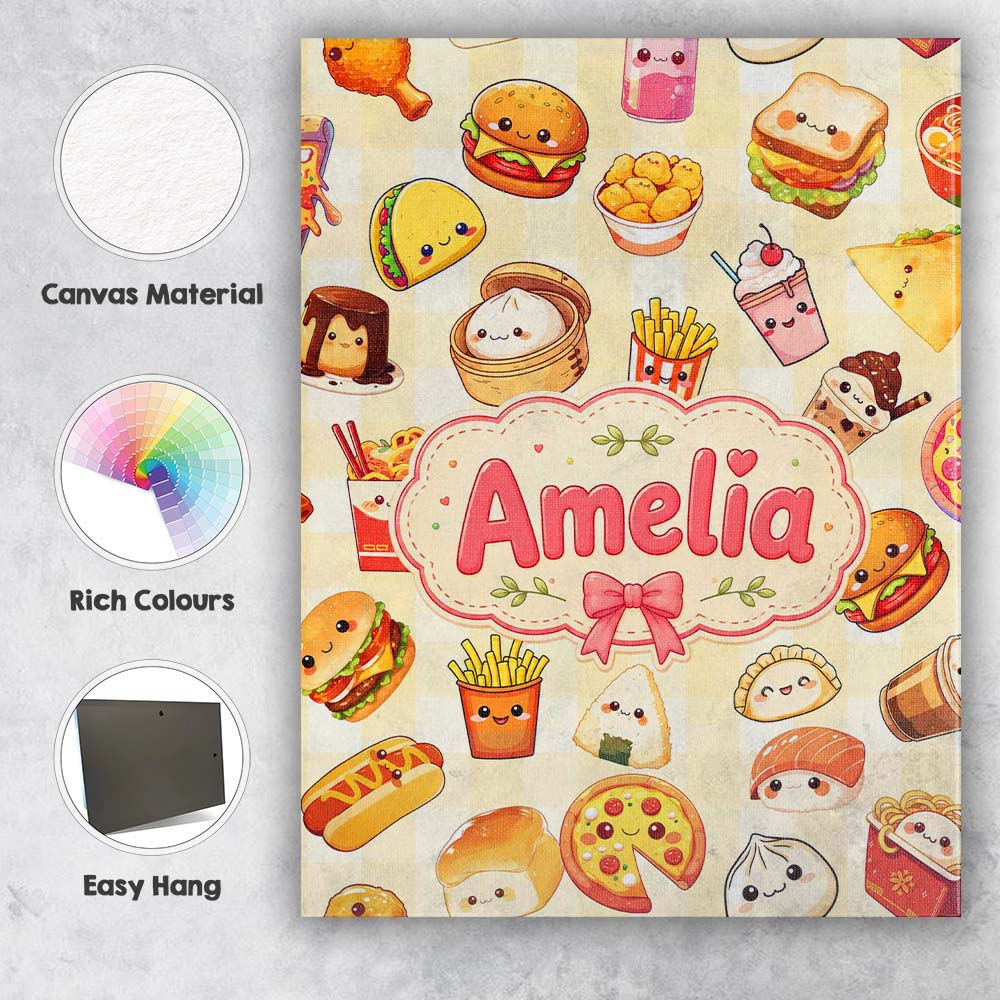 Personalised Name Kawaii Fast Food Burger Custom Unique Gift Idea Elegant Feature Canvas Wall Art Print Decor Picture Ready to Hang