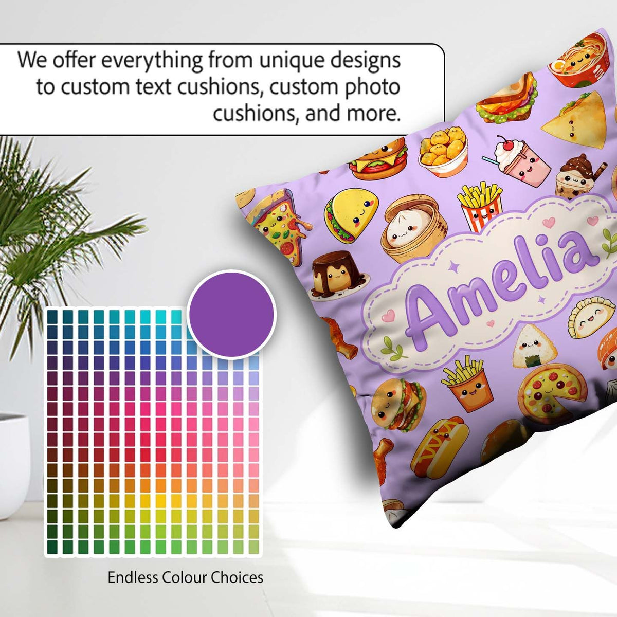 Custom Name Kawaii Fast Food Burger Sushi Pizza Seamless Pattern Square Filled Cushion Throw Pillow Sofa Bed Home Decor Zip Washable UK Made