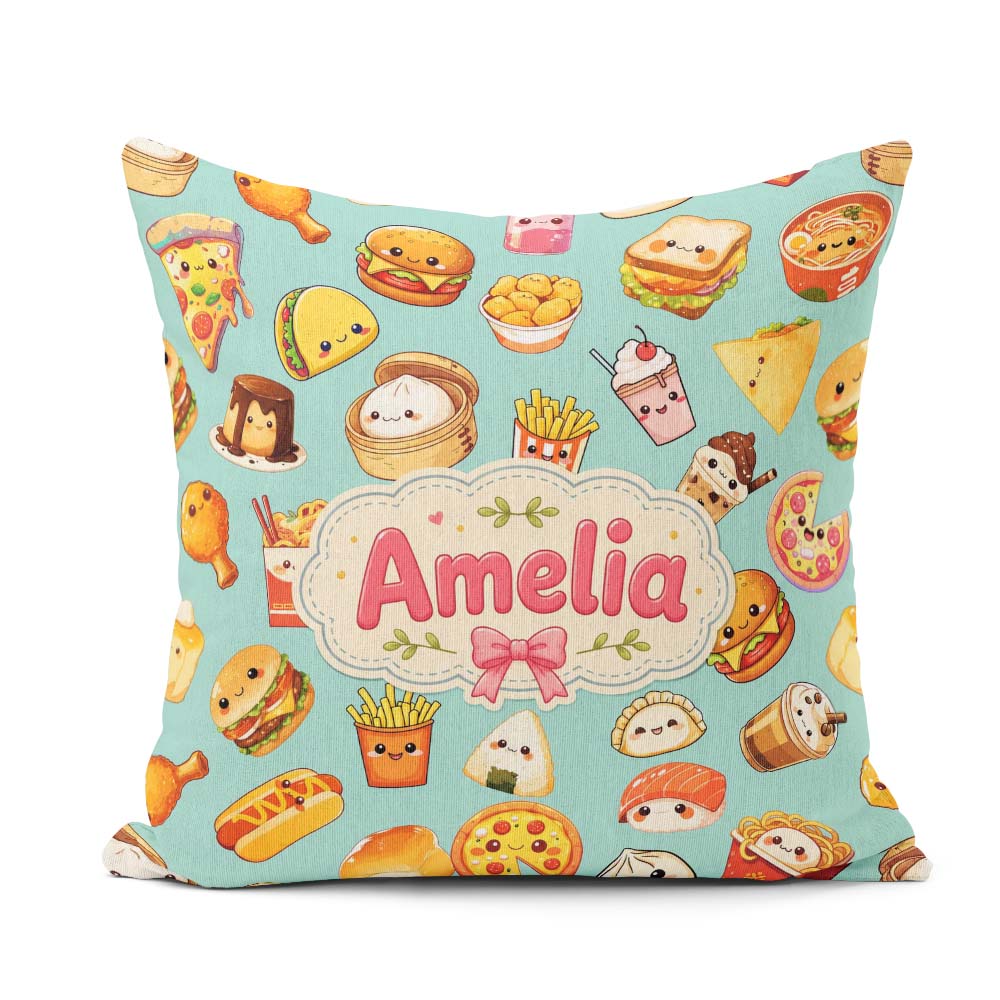 Custom Name Kawaii Fast Food Sushi Taco Pizza Teal Seamless Name Square Filled Cushion Throw Pillow Sofa Bed Home Decor Zip Washable UK Made