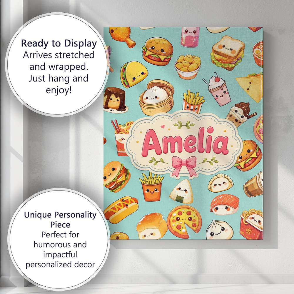 Personalised Name Kawaii Fast Food Burger Custom Unique Gift Idea Elegant Feature Canvas Wall Art Print Decor Picture Ready to Hang
