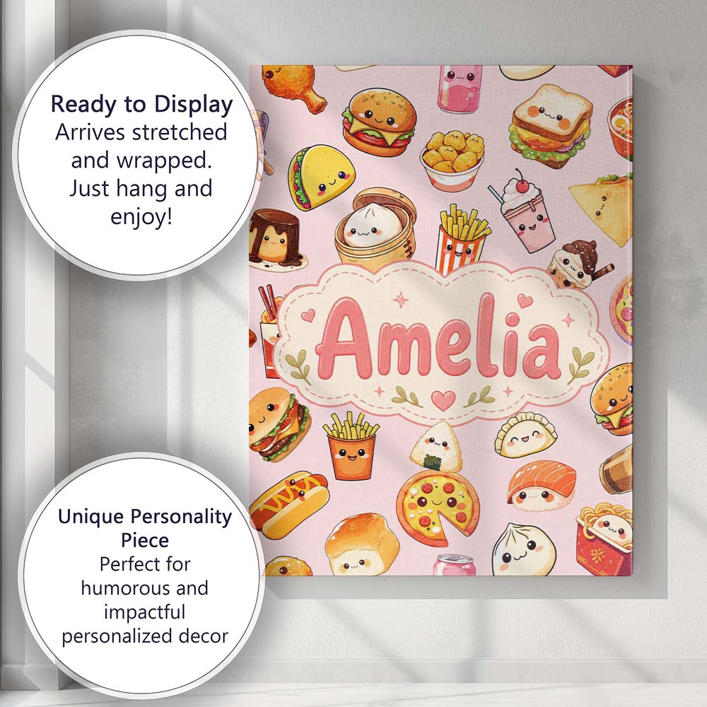 Personalised Name Kawaii Fast Food Burger Custom Unique Gift Idea Elegant Feature Canvas Wall Art Print Decor Picture Ready to Hang