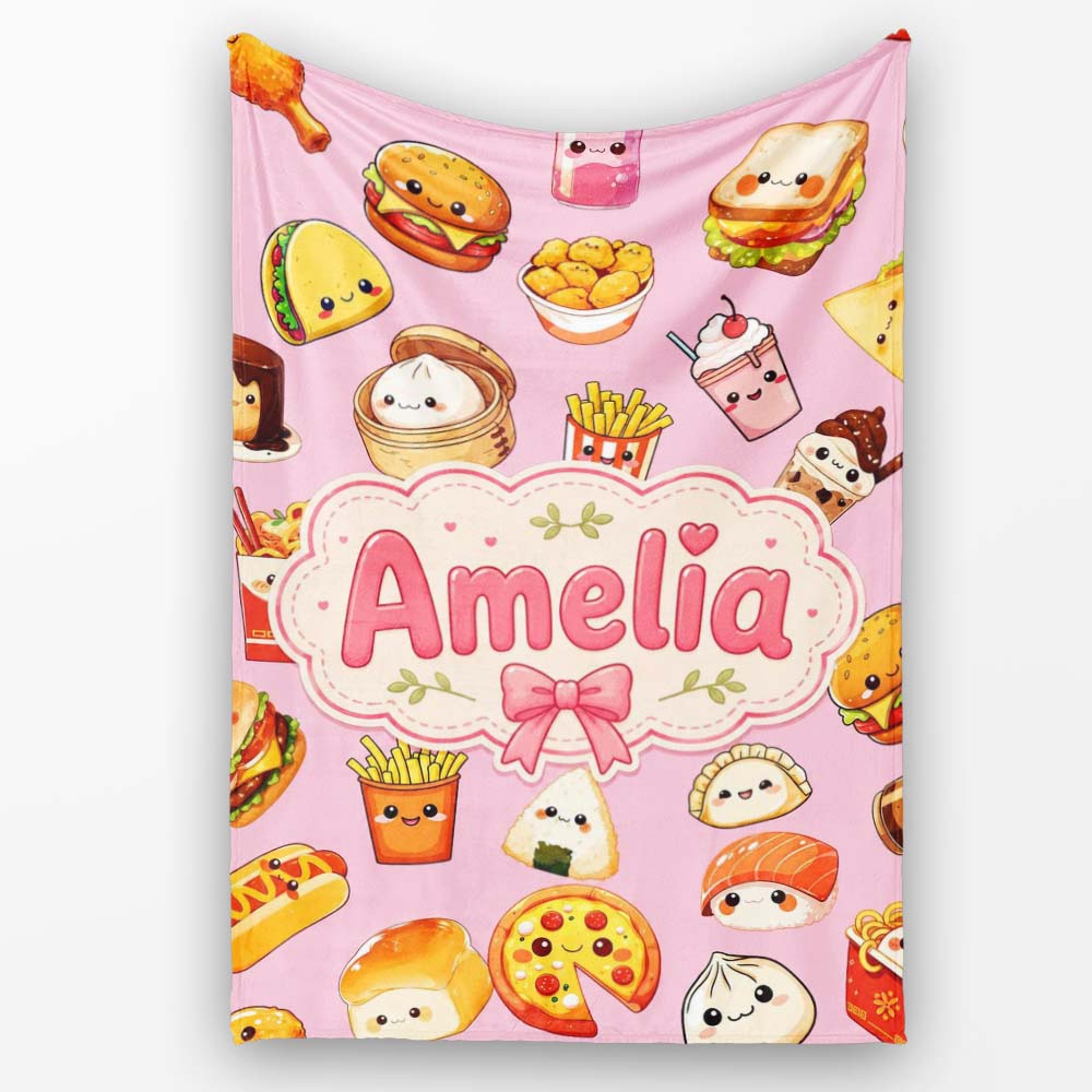 Kawaii Fast Food Burger Sushi Taco Pizza Blush Pink Seamless Personalised Custom Name Super Soft Fleece Blanket Bed Sofa Throw