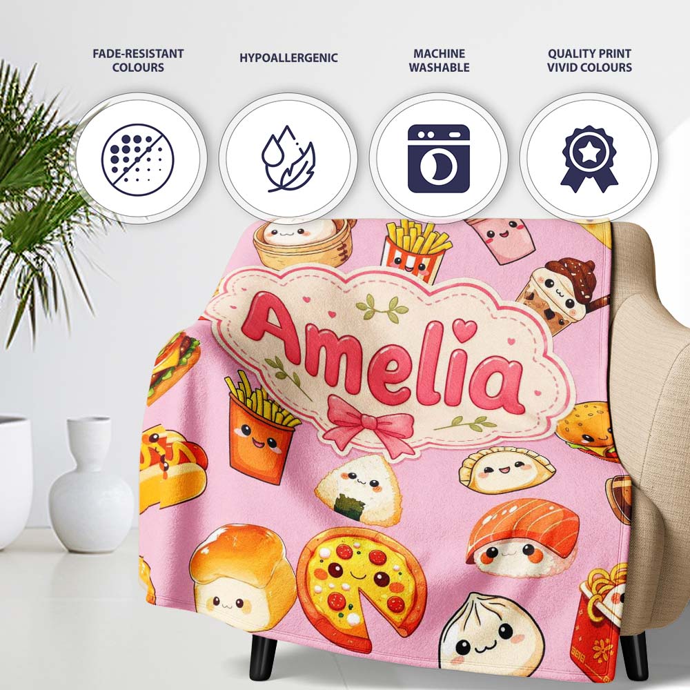 Kawaii Fast Food Burger Sushi Taco Pizza Blush Pink Seamless Personalised Custom Name Super Soft Fleece Blanket Bed Sofa Throw