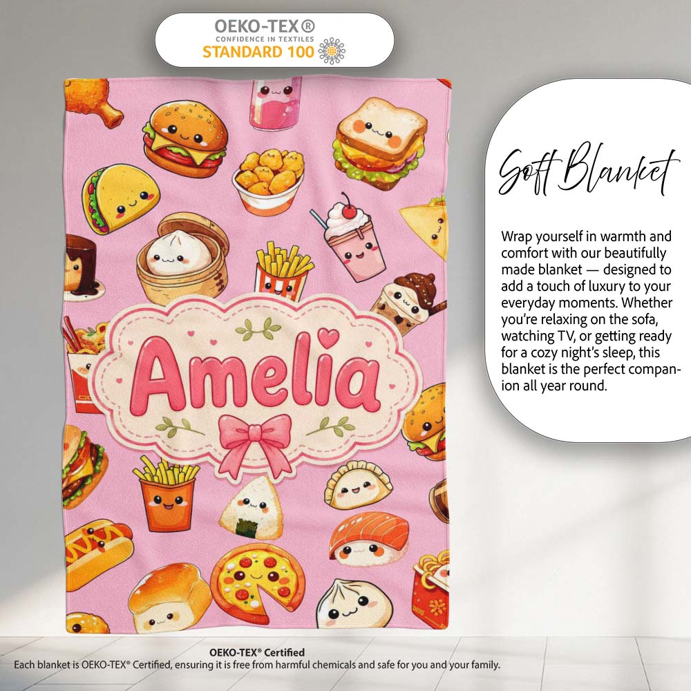 Kawaii Fast Food Burger Sushi Taco Pizza Blush Pink Seamless Personalised Custom Name Super Soft Fleece Blanket Bed Sofa Throw