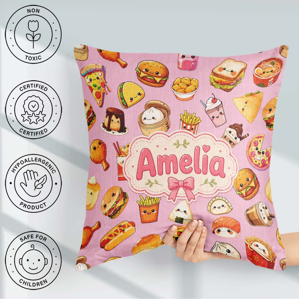 Custom Name Kawaii Fast Food Burger Sushi Taco Pizza Blush Pink Square Filled Cushion Throw Pillow Sofa Bed Home Decor Zip Washable UK Made