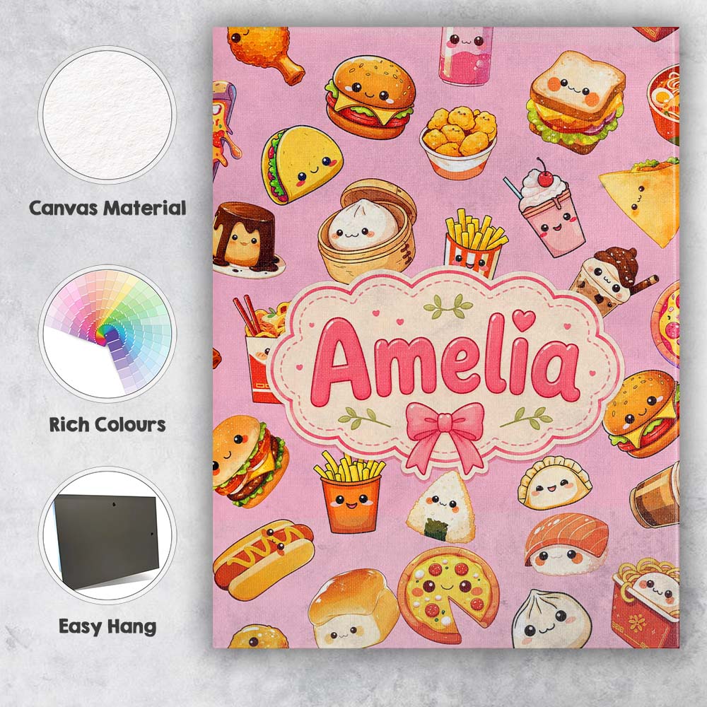 Personalised Name Kawaii Fast Food Burger Custom Unique Gift Idea Elegant Feature Canvas Wall Art Print Decor Picture Ready to Hang