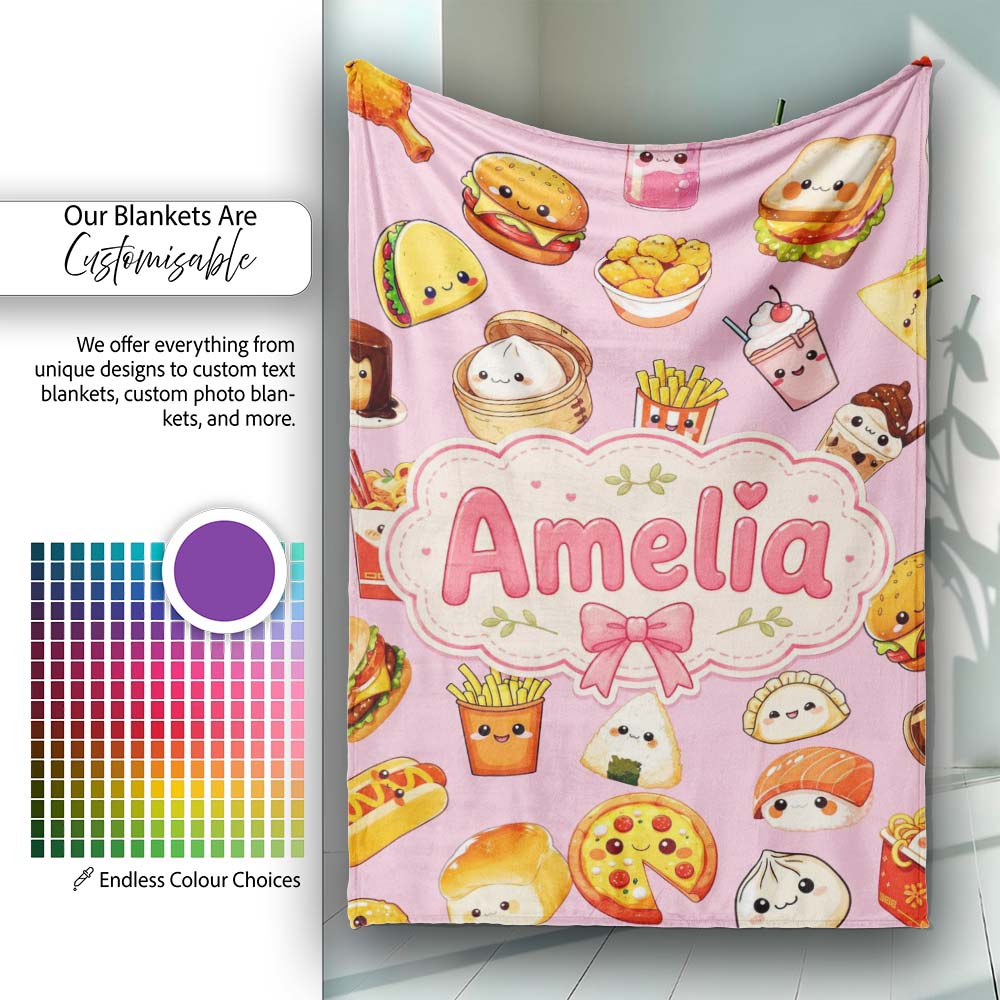 Kawaii Fast Food Burger Sushi Taco Pizza Blush Pink Seamless Personalised Custom Name Super Soft Fleece Blanket Bed Sofa Throw