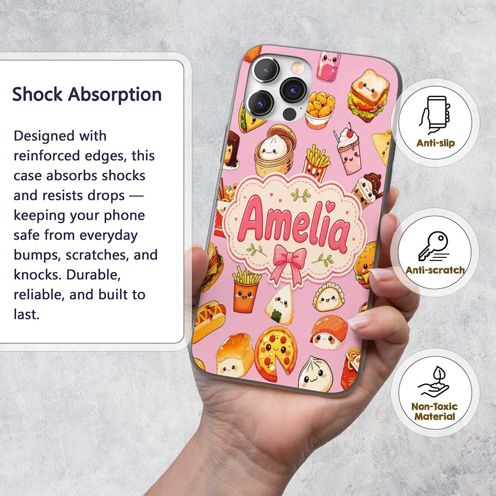 Kawaii Fast Food Burger Sushi Taco Pizza Blush Custom Name Protective Phone Case Mobile Cover Durable Everyday Smartphone Shock Resistant