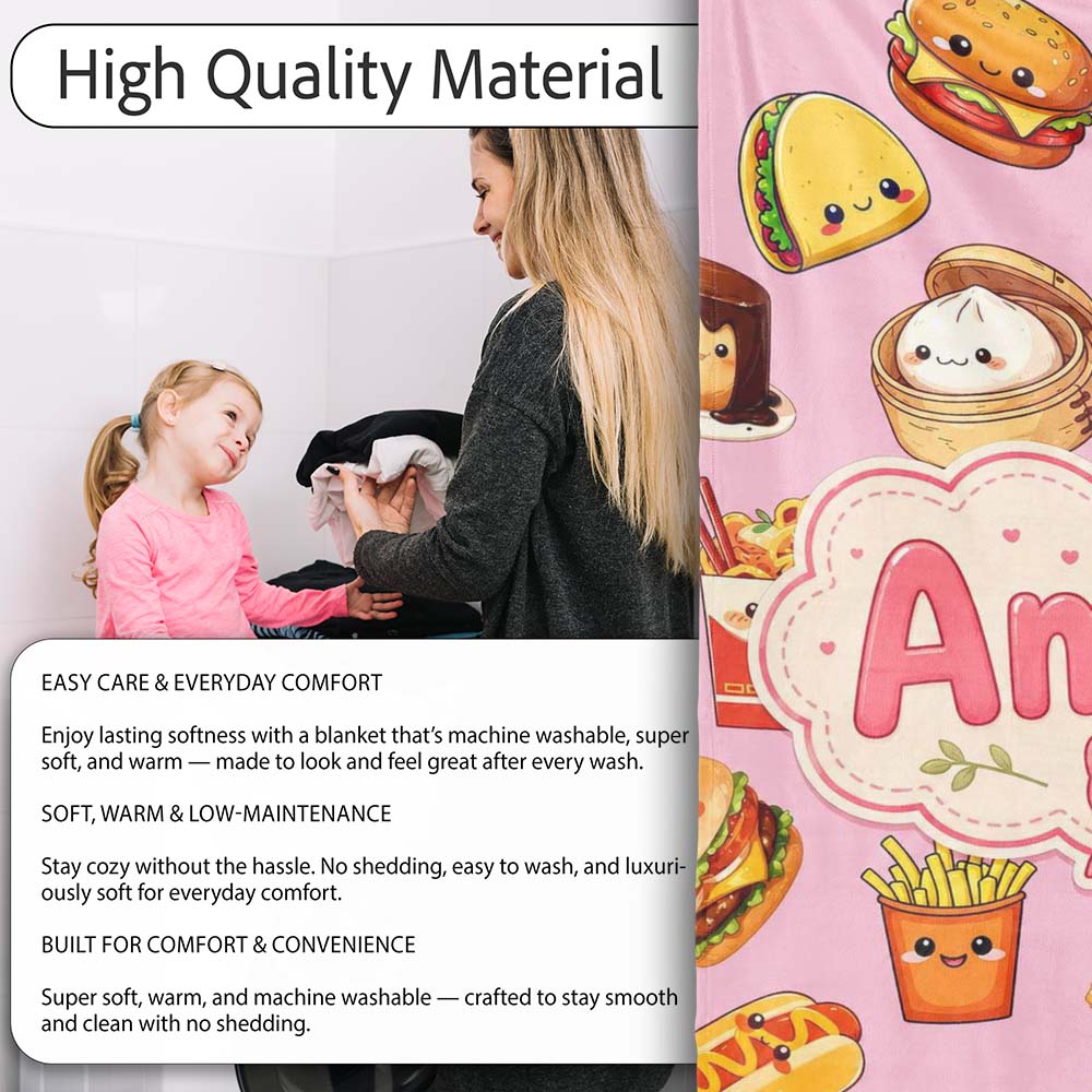 Kawaii Fast Food Burger Sushi Taco Pizza Blush Pink Seamless Personalised Custom Name Super Soft Fleece Blanket Bed Sofa Throw