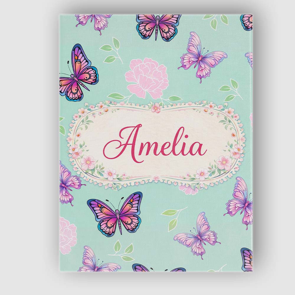 Personalised Name Pink Purple Butterfly Floral Teal Background Custom Modern Room Accent Canvas Wall Art Print Decor Picture Ready to Hang
