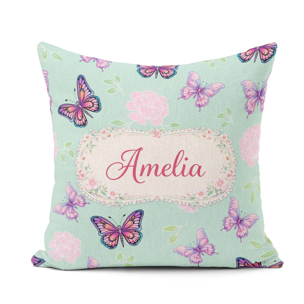 Custom Name Pink Purple Butterfly Floral Teal Background Pattern Square Filled Cushion Throw Pillow Sofa Bed Home Decor Zip Washable UK Made