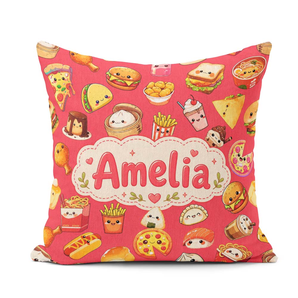 Custom Name Kawaii Fast Food Burger Sushi Taco Pizza Red Pattern Square Filled Cushion Throw Pillow Sofa Bed Home Decor Zip Washable UK Made