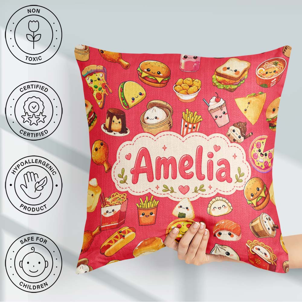 Custom Name Kawaii Fast Food Burger Sushi Taco Pizza Red Pattern Square Filled Cushion Throw Pillow Sofa Bed Home Decor Zip Washable UK Made