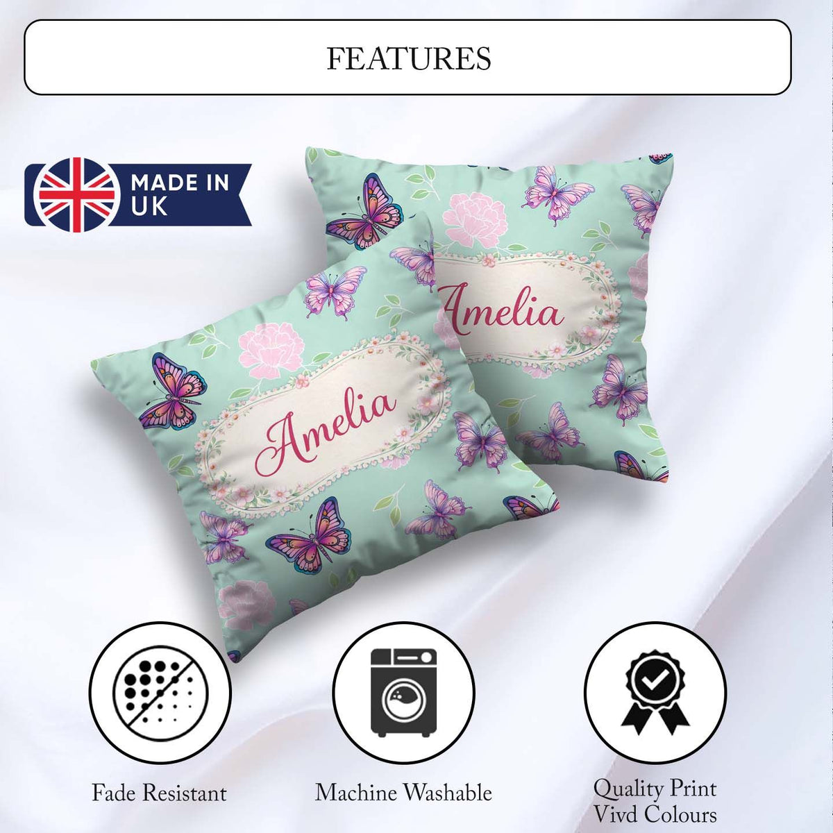 Custom Name Pink Purple Butterfly Floral Teal Background Pattern Square Filled Cushion Throw Pillow Sofa Bed Home Decor Zip Washable UK Made